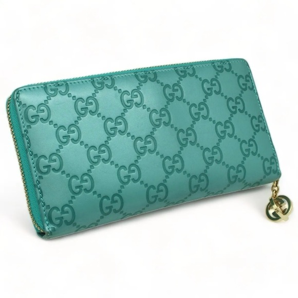Gucci Guccissima Zip Around Long Wallet and Box Turquoise Blue Leather Authentic - Picture 5 of 8